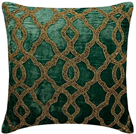 The HomeCentric Dekorativ Blaugrün Cushion, 30 x 30 cm Samt Kissen, Kissenhülle mit Spalier, Gitter & Perlen, Geometrisch Kissen, Modern Cushion - Royal Crown