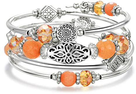 FULU AUTUMN Damen Boho Armband mit Mehrschichtiges Perlen Silber Wickelarmband Modeschmuck Geschenke zum Geburtstag und Muttertag für Frauen(Orange)