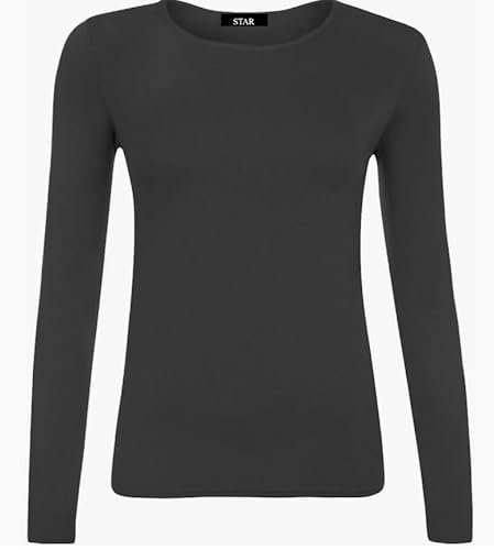 Womens Ladies Long Sleeve Stretch Plain Scoop Neck T Shirt Top Assorted 8-26 (Black, 16)