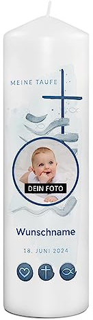 PhotoFancy® - Personalisierte Taufkerze mit eigenem Namen und Foto bedrucken lassen - Tauf-Kerze selbst gestalten - 29 cm Höhe - Design wählen (Blaue Welle)