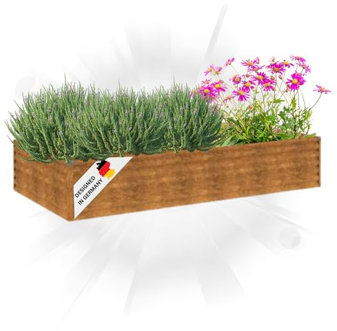 DELUKE Hochbeet aus Cortenstahl Aksel | unten offen | Pflanzenbeet Metall Gartenbeet Blumenbeet Beet hoch Frühbeet für Garten Gemüsebeet, 195x100x36cm