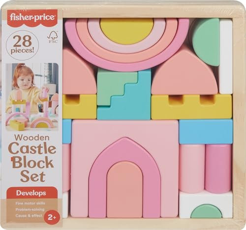 Fisher-Price Holz Kleinkind Spielzeug Schloss Block Set, 28 Holzteile zum Stapeln Entwicklungsspiel Vorschulkinder ab 2 Jahren
