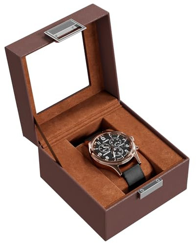 ProCase Uhrenbox mit 1 Facher, Uhrenkasten mit Glasdeckel, Uhrenkoffer mit Uhrenkissen, Uhrenaufbewahrung, Premium-Uhrenschatulle, PU-Leder Uhrenkasten, Watch Box für Herren - 1 Fach, Braun