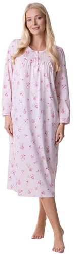 Camille Nuisette à manches longues 100 % coton pour femme – Chemise de nuit douce à imprimé floral avec fermeture à boutons – Vêtement de nuit élégant à col rond pour femme en bleu ou rose, rose, 50