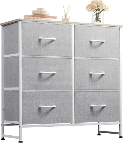 WLIVE Chest of Drawers, 6 Fabric Drawers Cabinet with Easy Pull Handle, Wood Top and Sturdy Steel Frame for Bedroom, Living Room, Light Grey