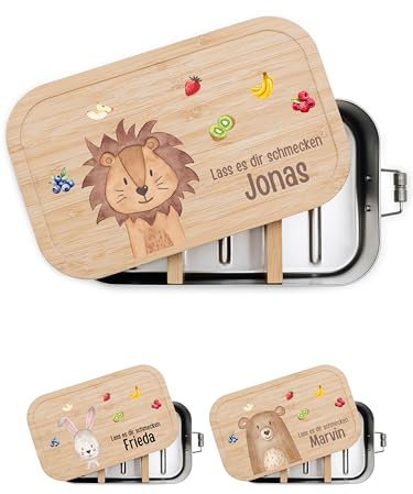 wunderwunsch® - Personalisierte Brotdose für Kinder - Robuste und Individuelle Edelstahl Brotdose mit Namen - Personalisierte Geschenke für Kinder (GROSS Edelstahl,Löwe mit Obst)