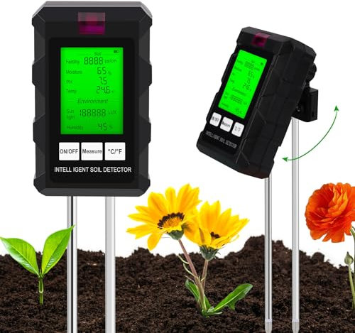 Medidor de pH de Suelo 6 en 1, Medidor de Suelo, Pantalla LCD Retroiluminada,con fertilidad del Suelo/Humedad/pH/Temperatura/luz Solar/Humedad Ambiental para Agricultura/Jardín/Plantas