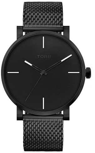 TORII Herrenuhr Schwarz Edelstahl - rund Quarz B45BG.B4 Milanaise-Armband Strichindizes wasserdicht 100 m