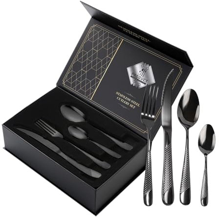 VIQWYIC Juego de cubiertos de 24 piezas, cubiertos martillados, cuchillo de acero inoxidable, tenedor, cuchara, juego de cubiertos para 6 personas, modernos cubiertos de plata para
