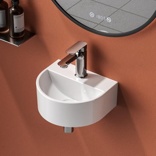EMKE Lave-Mains Demi-Lune 30 cm, Petit Lavabo Suspendu Arrondi en Céramique, Mini Vasque Murale Gain de Place pour WC Invités et Petits Espaces, Blanc Brillant, 30,3 x 25,3 x 12,4 mm