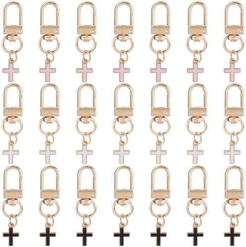craspire 1 boîte de 21 Porte Clés en Métal de 3 Couleurs Croix Crucifix en Vrac Alliage d'or Émail Noir Blanc Rose Breloque Porte Clés avec Fermoirs Pivotants pour Clés Sac à Main Sacs à Dos