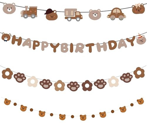 Bär Deko Geburtstag Girlande Set - 4 Stück Geburtstagsdeko Happy Birthday Banner Bärenkopf und Bärenpfoten Garland, Niedlich Braune Bären Dekoration für Erwachsene Kinder Mädchen Frauen