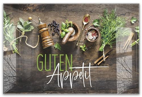 timalo Küchenbild aus Acrylglas modernes Wandbild Glasbild Deko Küche XXL Acryl-Bild wie Glas | 60x40cm Kräuter& Gewürze auf rustikalem Holztisch, Guten Appetit