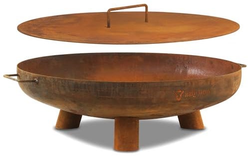 BBQ-Toro Edelstahl Ø 70 cm mit Deckel | Rostoptik | Outdoor Feuerstelle mit DREI Standbeinen und Zwei Griffen, Feuerschalen für den Garten, Brennschale, Garden Fire Pit, Fire Bowl, Feuerwanne