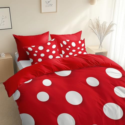 Generisch Wende Bettwäsche Rot-Weiße Punkte Bettbezug 155 x 220 cm + 80 x 80 cm Rubinrot Weich 3 teiligs Atmungsaktiv Microfaser Betten Set mit Reißverschluss