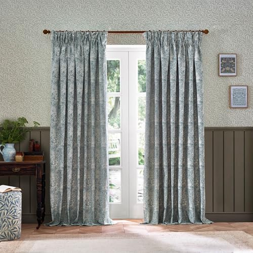 Morris&Co. Marigold Pencil Pleat Curtain Pair – Jacquard Lined Floral Heritage Drapes (Indigo - 168x229cm)