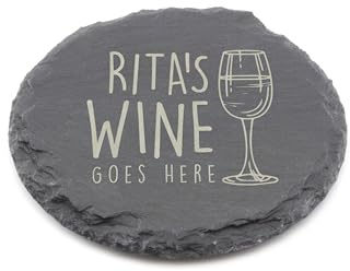 Personalised Slate Coaster - Your Wine Goes Here Design - Laser Engraved Round Drinks Coaster Gift for Her or Him - Birthday, Wedding, Anniversary or Christmas