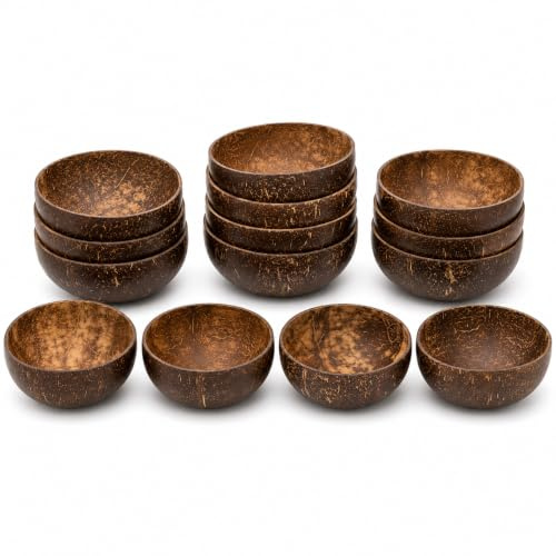 SWEWARM 14 cuencos de cáscara de coco, cuencos de madera natural de 13.5 onzas, cuencos rústicos para servir batidos, acai, ensalada, aperitivos, regalos veganos, decoración de cocina, picnic, fiesta