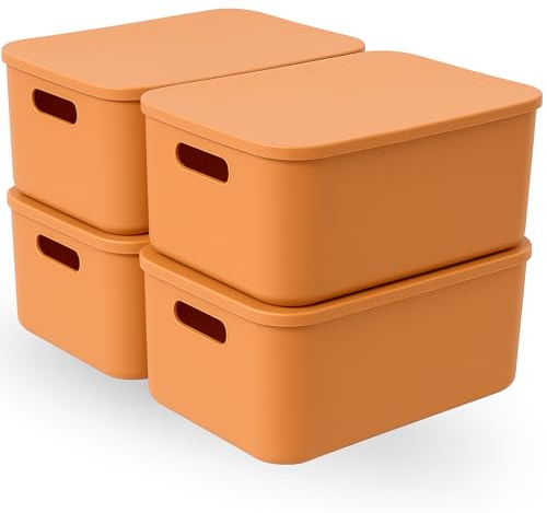 Orange Plastic Storage Box with Lids,4Pack Stackable Plastic Storage Baskets with Stackable Cupboard Organiser for Shelves,Kitchen,Bathroom,Playroom,Classroom,Office,Nursery,Home,Desktop Organizer