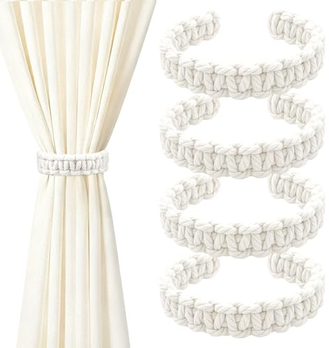 TAIVIN 4 Pezzi Fermatende Intrecciati Bianco in Corda di Canapa, | Cravatte per Tende Stile Bohémien Rustico,Tende Cucina per Casa,Camera da Letto,Esterni