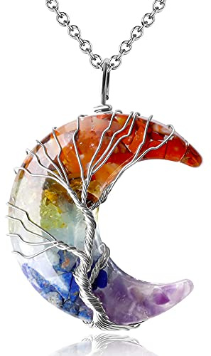XIANNVXI Collier En Cristal Des 7 Chakras Pendentif En Cristal De Lune Croissant Bijoux Gothiques Et Spirituels Pendentif En Cristals De GuéRison Collier Arbre De Vie