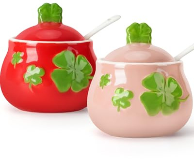 bwszrosa Ceramic Sugar Bowl with Lid and Spoon,Four-Leaf Clover Print Decorative Spice Container for Kitchen,Coffee,Dining Table & Tea Time,Ceramic Seasoning Jar for Salt,Sugar,Jam or Honey