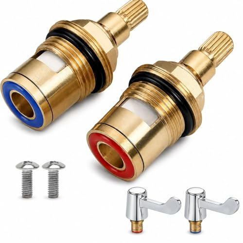 2 Pcs Ceramic Tap Cartridge 1/4 Turn 20 Spline, Tap Valve Replacement for Shower Bath Taps with Washers, Tap Glands Seals Repair Kit, Solid Brass Ceramic (1 Pair Hot & Cold)