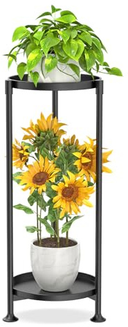 JC-Houser 2 Etagen Metall Pflanzenständer Blumentopfständer für innen und außen, Runder Pflanzständer hoch – stabiler Blumenständer für Balkon, Terrasse, Wohnzimmer, platzsparendes Design, Schwarz