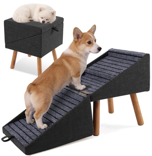 Scala per cani di piccola taglia, scala a pioli 2 in 1 e pouf – Scala pieghevole per cani per il divano, scala in legno antiscivolo per cuccioli, cani anziani e feriti (nero)