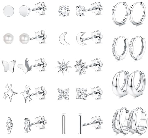 Kakonia Ohrringe Gold Silber Hypoallergene Chirurgenstahl Medizinische Ohrstecker Flacher Verschluss Goldene Ohrringe Damen Set CZ Creolen Knorpel Piercing Ohr Wasserfest Conch Helix Tragus Piercings