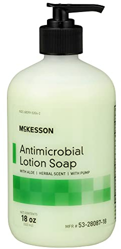 McKesson Antimicrobial Lotion Hand Soap with Aloe, 18 oz Pump Bottle [Pack of 1] - Herbal Scent, Keeps Hands Clean and Moisturized, Medical-Grade Soap