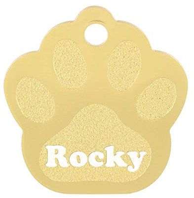 GRAVURZEILE Aluminium Hundemarke mit Gravur - Großes Pfoten Motiv - Personalisiert mir Namen, Symbol & Telefonnummer - wählbare Farbe - für Hunde & Katzen - Größe 3,4 x 3,5 cm - Farbe: Gold