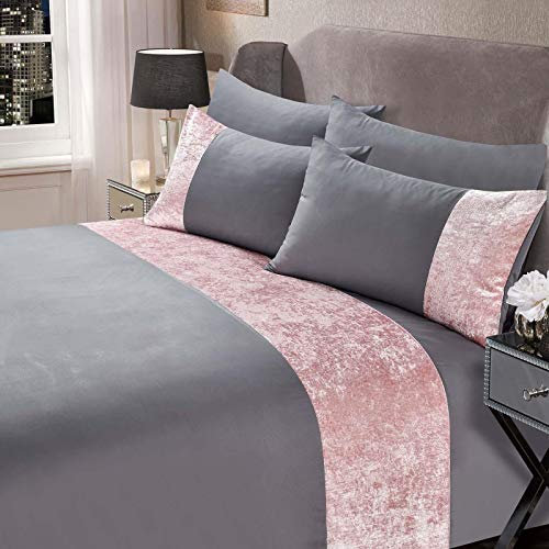 Sienna Crushed Velvet Panel Band Duvet Cover with Pillow Case Bedding Set - Silver Grey Blush, Single