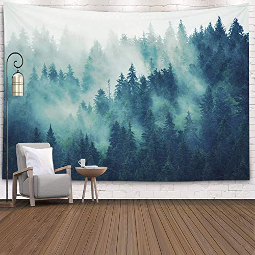 Jorisa Misty Wald Tapisserie Wandteppich,Nebelig Berg Baum Psychedelisch Natur Landschaft Hängendes Tuch Wandbehang für Wohnzimmer,Schlafzimmer,Büro,Wohnheim,150x200cm