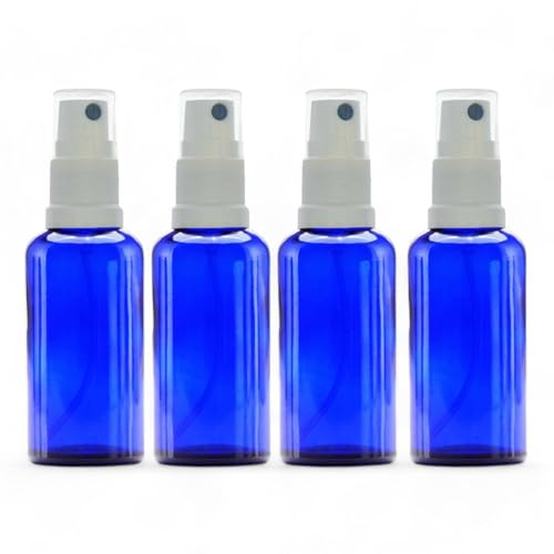 Avalon 50ml Blue Glass Bottles with White Atomiser Spray ~ Pack of 4 ~ Refillable, Reusable, and Travel Sized ~ Perfect for Aromatherapy, Perfumes, Essential Oils, Aftershaves, and More