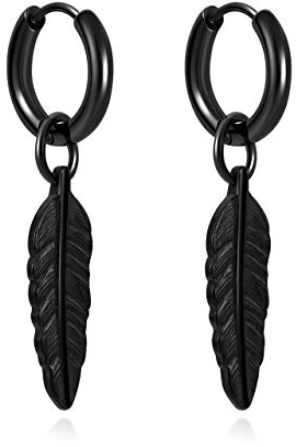 Zysta Creolen Ohrringe Hängend mit Feder Ohrhänger Edelstahl 18ga Ohrstecker Silber Schwarz Ohrschmuck Ohrpiercing für Damen Mädchen (Schwarz)