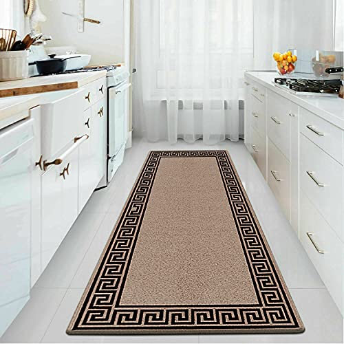 PHP Carpet Runners for Hallways Non-Slip Long & Wide Heavy-Duty Plain Super Absorbent Area Rugs, Stair Carpet and Kitchen Anti-slip Floor Mats - Greeky Rug (Beige & Black, 66 x 220 cm - XL Runner)