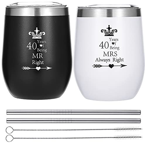 HLIKEM Pack Of 2 Wine Tumbler 40 Years Mr Right Mrs Always Right 40th Wedding Engagement Anniversary Cups for Couple Parents Stainless Steel Insulated Wine Glass with Straws and Brush (40th)
