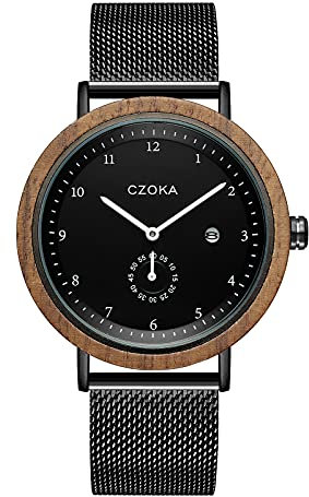 CZOKA Holzuhr-Herren und Damen Holzuhren Uhren Japanisches Quarzwerk Herren Quarzuhren mit Datumsanzeige, Naturholzgehäuse, Lederarmband, Durchmesser 42 mm (Black Walnut-2)