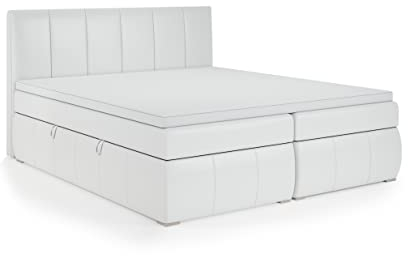FEDVE Boxspringbett 140x200 Weiß Öko-Leder – Leo – Dauerhaft Bett mit Bettkasten – Praktisches Doppelbett mit Stauraum für Viele Jahr - Kopfteil Bett mit Matratze zum Schlafzimmer