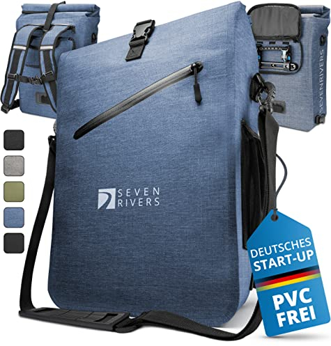 SEVENRIVERS 3 in 1 Fahrradtasche - Rucksack, Gepäckträgertasche & Umhängetasche in einem - Wasserdicht & PVC frei - inkl. Laptop-Tasche (24L) (Jeans-blau)