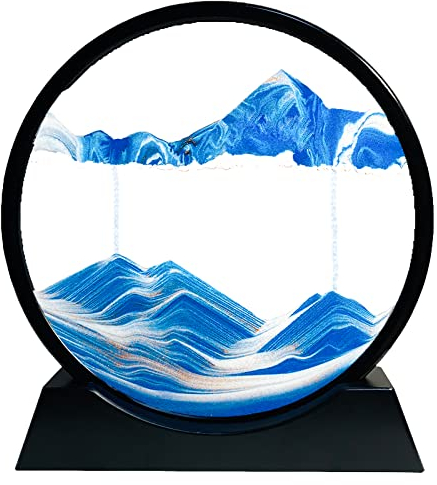 Dynamisch 3D Sandbilder zum Drehen, Fließende Sandmalerei runder Glas Rahmen, Bewegtes Sandbild Natürliche Landschaft, Blauer Ozean, Entspannende Dekoration für Desktop-Kunst (Blau, 12)