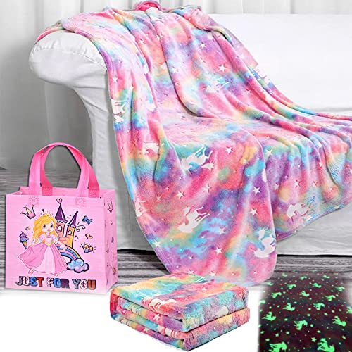 Fleecedecke, 130x150 cm Fluoreszierende Wohndecke mit Geschenktüte Glow In The Dark Rosa Kinderdecke Regenbogen für Geburtstag Ostern Weihnachten Mädchen Geschenkideen für Kinder 1-12 Jahre