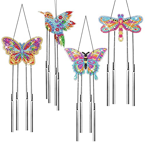 WEDNOK 4pcs Diamond Painting Wind Chimes DIY Butterfly Diamond Painting Suncatcher Kids 5D Craft Kit with Double Sided Rhinestone for Window Home Garden Decoration (Butterfly,Dragonfly,Hummingbird)