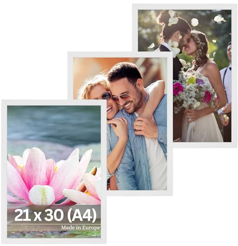 VictoR Bilderrahmen Nolde Weiß 3er Set 21x30 cm (A4) - Leiste 11x13mm - Holzrahmen - Rahmen A4 Bilderrahmen Holz - Bilderrahmen 20x30 Weiß