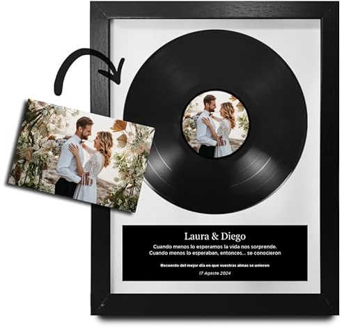 Marco decorativo, regalo original personalizable. Disco de vinilo con foto y mensaje personalizados en cuadro de madera y cristal. Para colgar o colocar (30 x 40 cm. Disco 10 original + cartel negro)