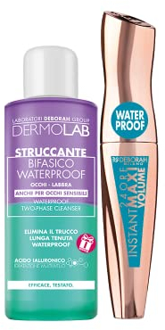 Deborah Milano - Set Mascara 24 Ore Instant Maxi Volume Waterproof, 12 ml + Mini Taglia Dermolab Struccante Bifasico Delicato Occhi e Labbra per trucco Waterproof, 50 ml