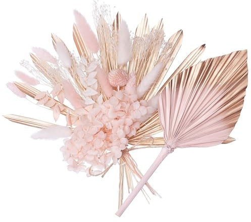 The Baked Studio - Dried Flower Cake Topper Set With Pink & Gold Ombre Dried Palm Spear and Gold Sun Palm Leaf Leaves For Cake Decorating (Pink & Gold Set)