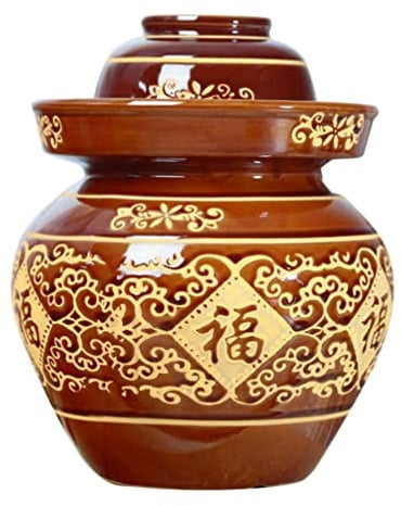 Glaskanne Keramik Fermentiertopf Chinesische Gurkenglas Fermentopf mit Wasserverschluss Luftschleuse Deckel Topf Crock zum Einkochen Kimchi Sauerkraut Gemüse Brauen Weinglasbehälter