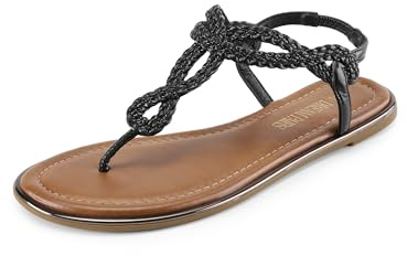 DREAM PAIRS Women's Flat Sandals Dressy Summer Stappy Comfortable Ankle Elastic T-Strap Beach Thong Sandals,Size 9.5,Black,SDFS2406W